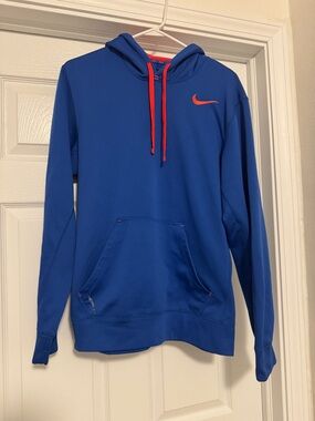 Nike Men's Bright Blue Hoodie with Orange Swoosh and Drawstrings
